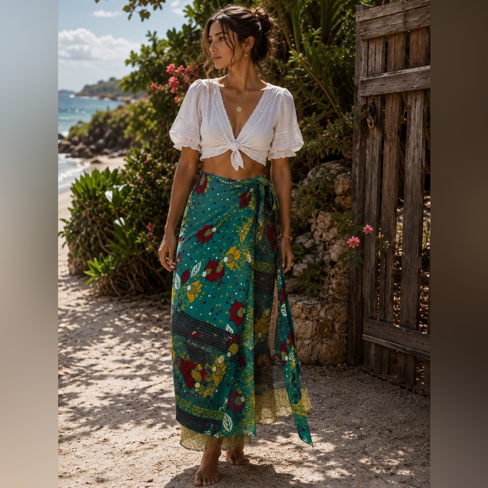 Silk Sari green floral full Warp midi Skirt Beach Wear Indian boho one size